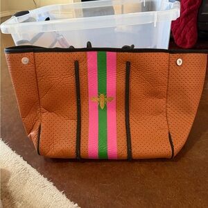 HAUTE SHORE Brown Tote with Pink and Green Stripe